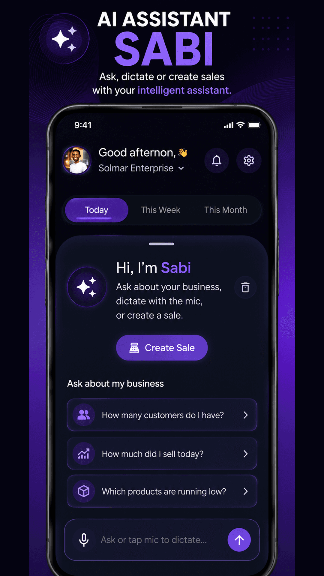 SabiBom Sabi AI assistant screen with business questions and Create Sale action.
