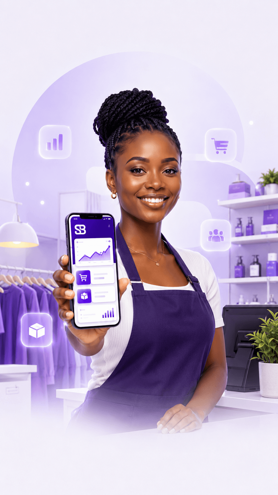 SabiBom mobile dashboard with sales charts and business metrics.