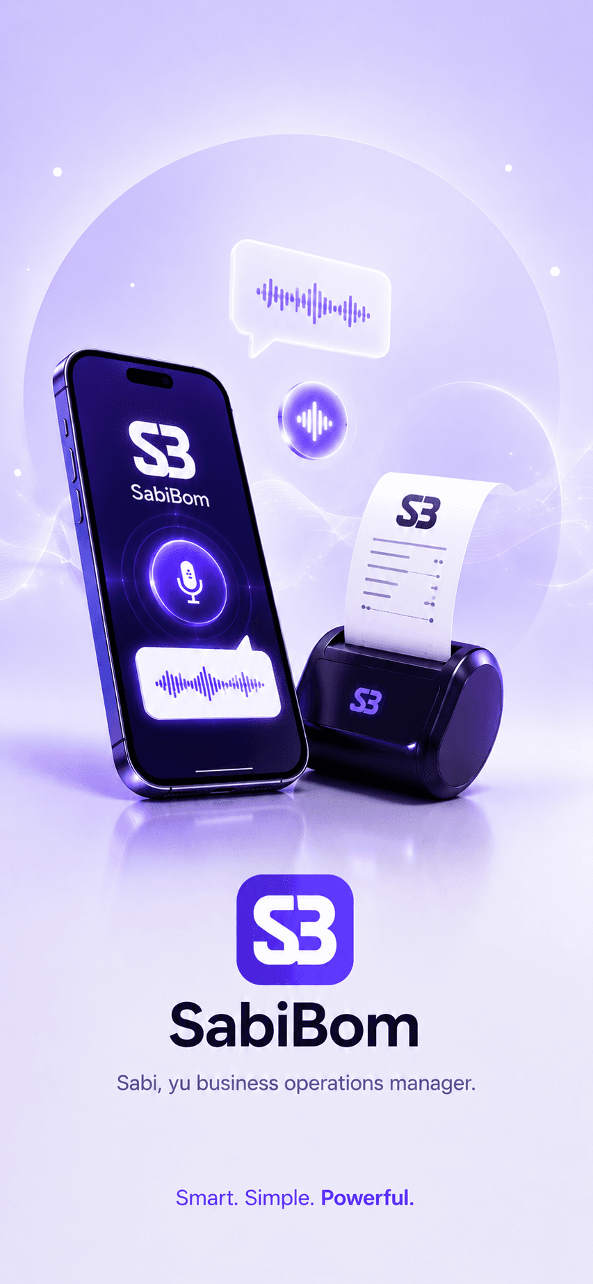 SabiBom visual showing AI voice assistant and smart receipt draft flow.