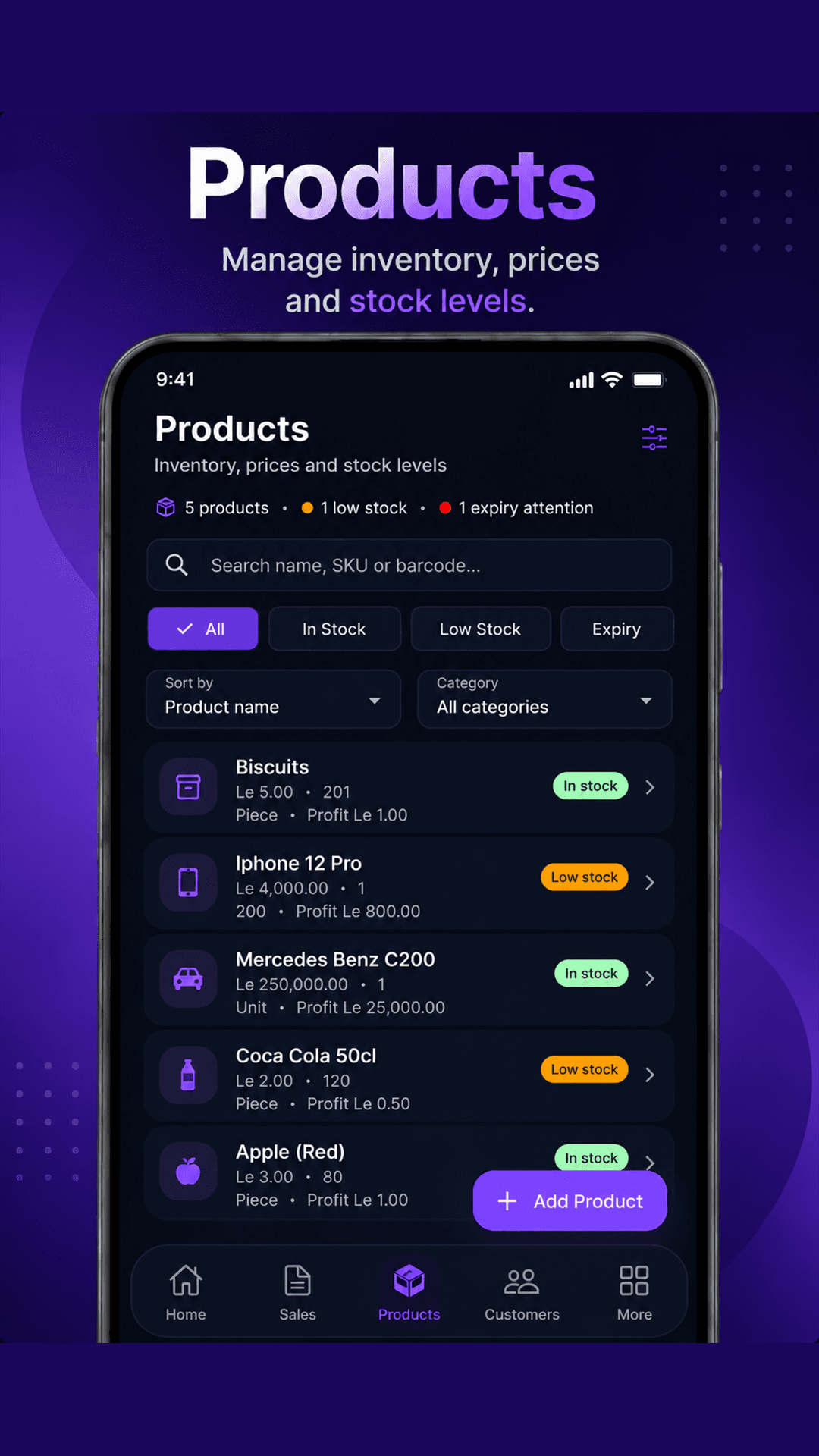SabiBom products screen showing inventory search, stock filters, prices, quantities, and profit values.